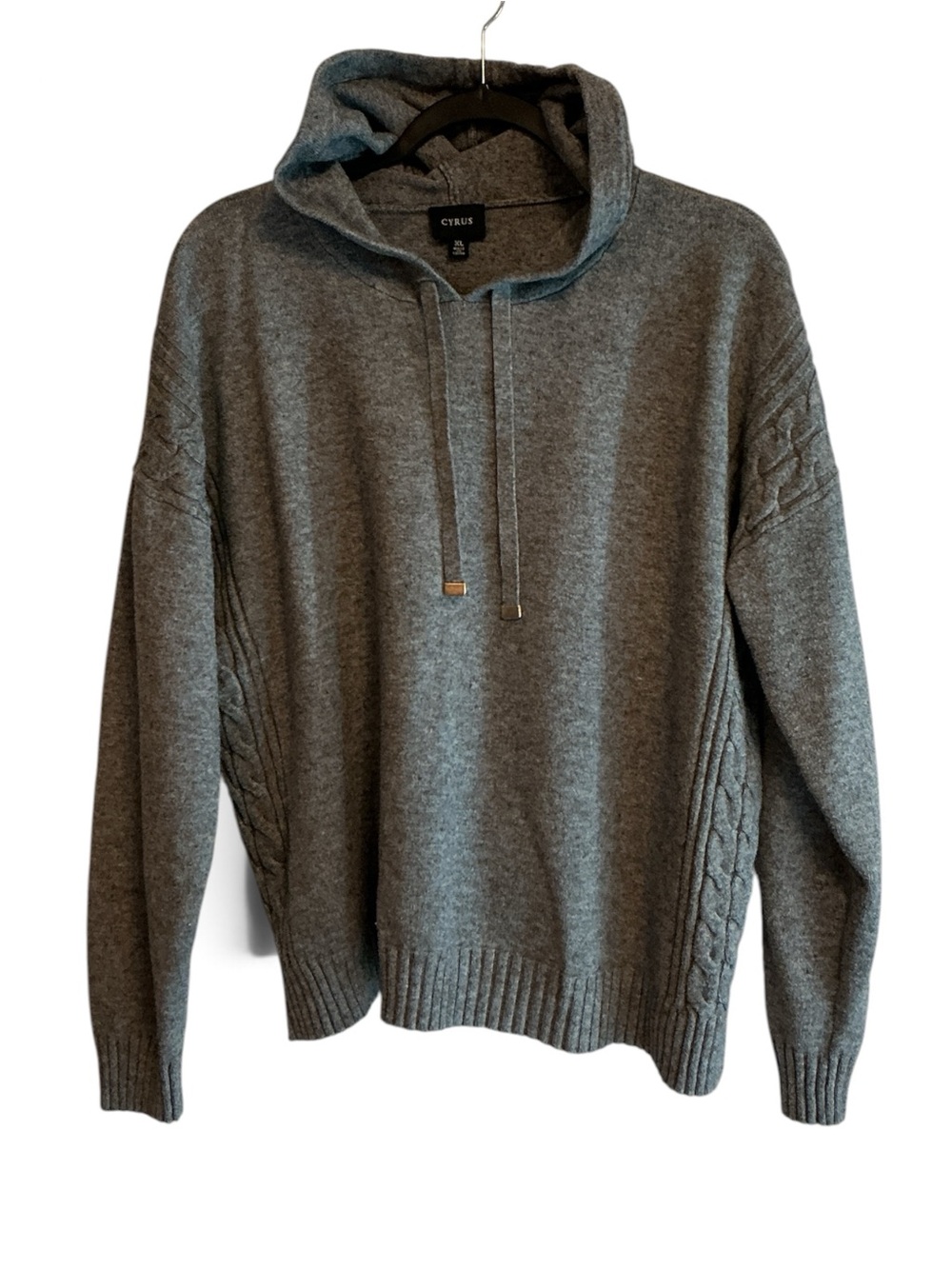 Cyrus Women's Charcoal Gray Cable-Trim Hooded Crew Sweater